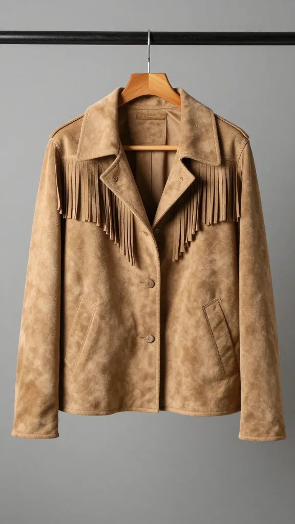 tan suede fringe jacket on wooden hanger, studio lighting