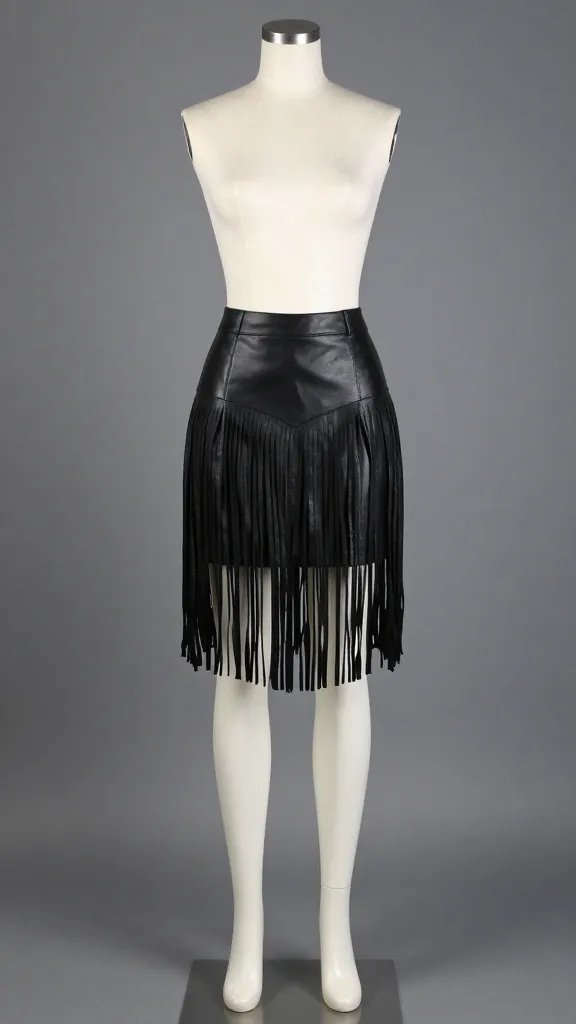 black leather fringe skirt on mannequin, seamless backdrop