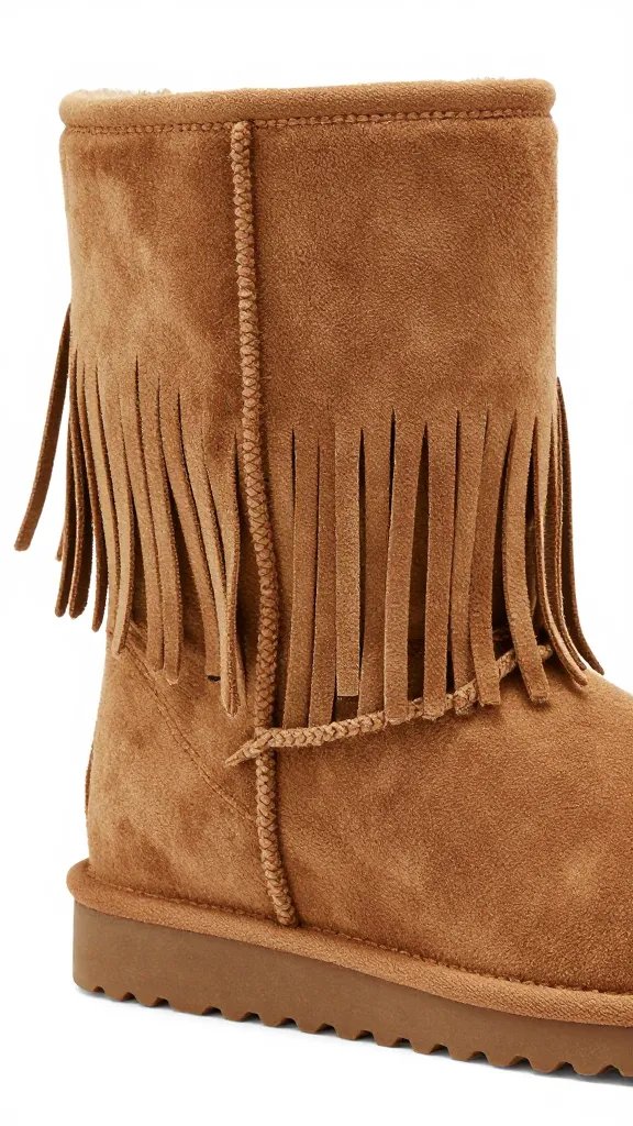 camel suede fringe boot, side profile closeup