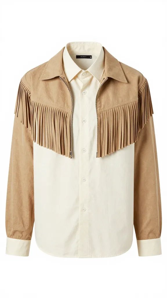 cream cotton poplin shirt under tan fringe jacket, neckline detail
