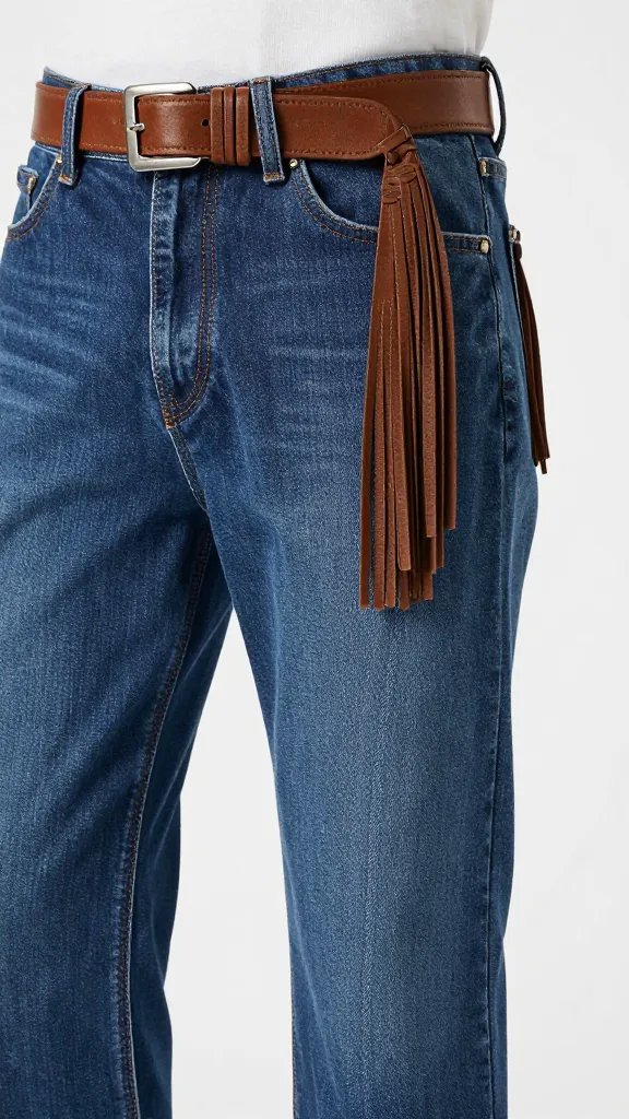 indigo straight-leg jeans with brown fringe belt, waist closeup