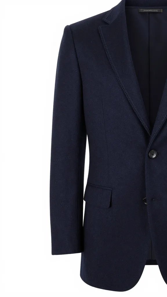 navy wool blazer with subtle fringe trim, lapel closeup