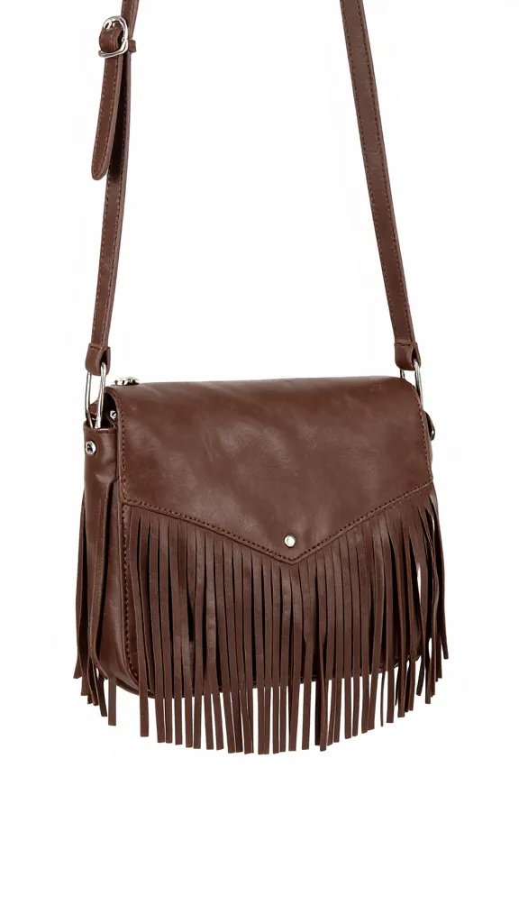 chocolate leather crossbody with short fringe, product shot