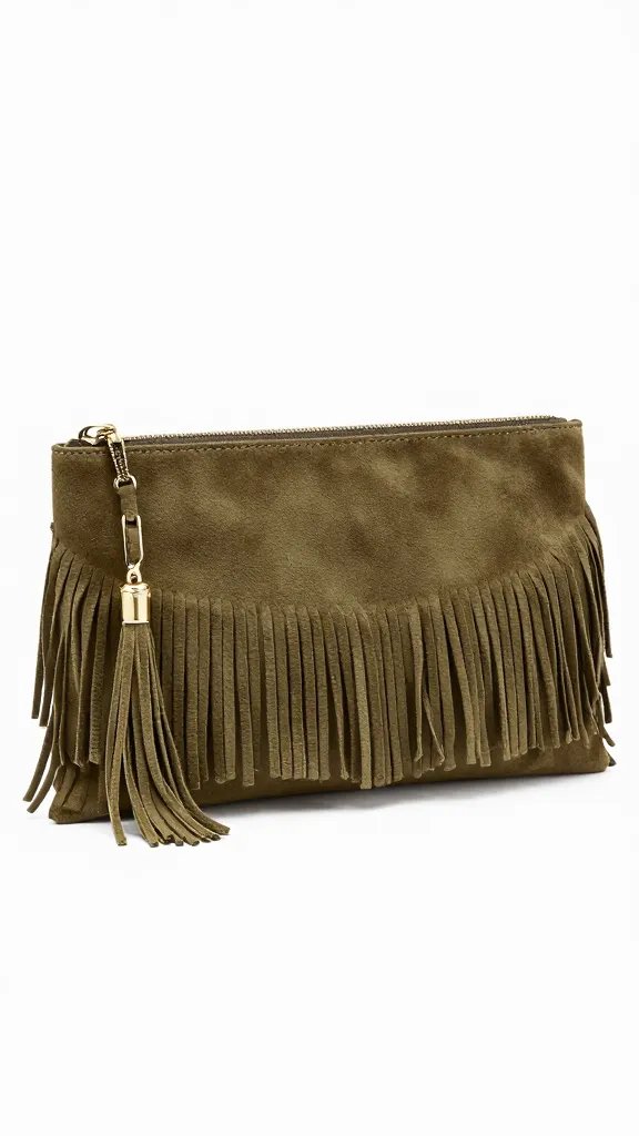 olive suede fringe clutch, zipper and tassel detail