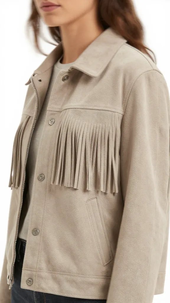 taupe suede fringe jacket in breeze, motion blur closeup