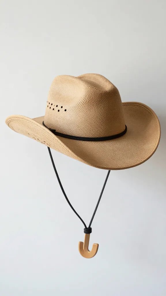 straw cowgirl hat with wide brim on wooden hook