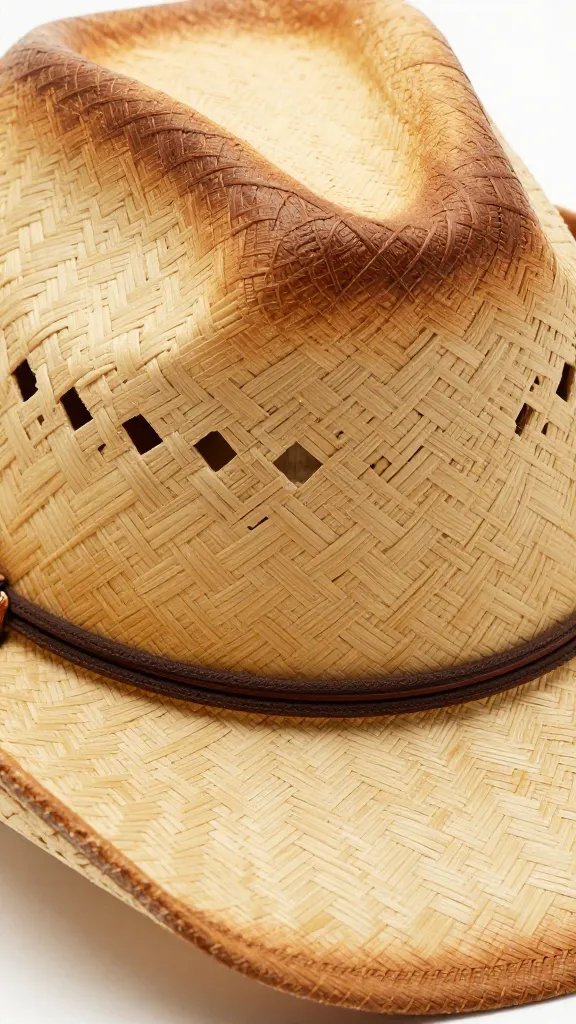 palm-leaf cowgirl hat with tight weave, macro shot