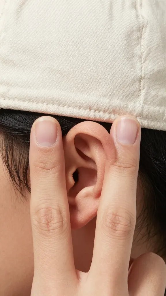 closeup of hat fit: two-finger space above ear