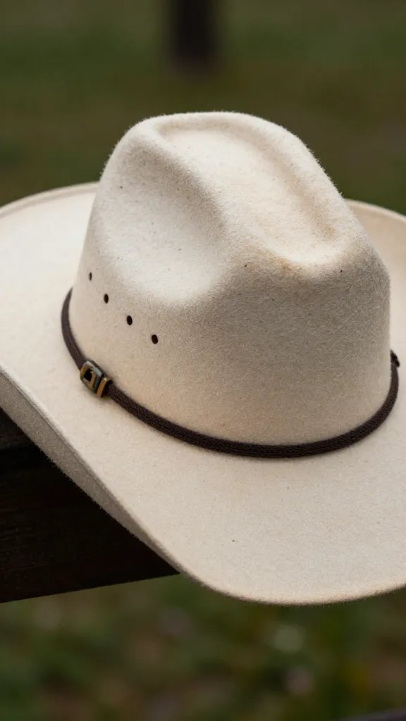 rain-speckled felt cowgirl hat brim, shallow depth